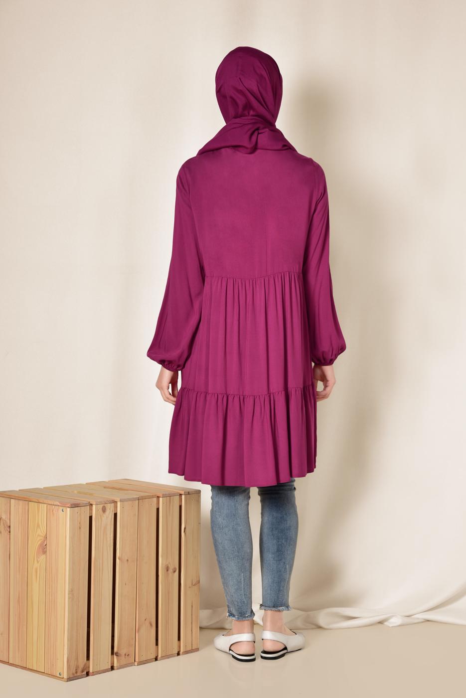 Tesettür giyim MOR ALVİNA ÖNÜ DÜĞMELİ BÜZGÜLÜ TUNİK 4868