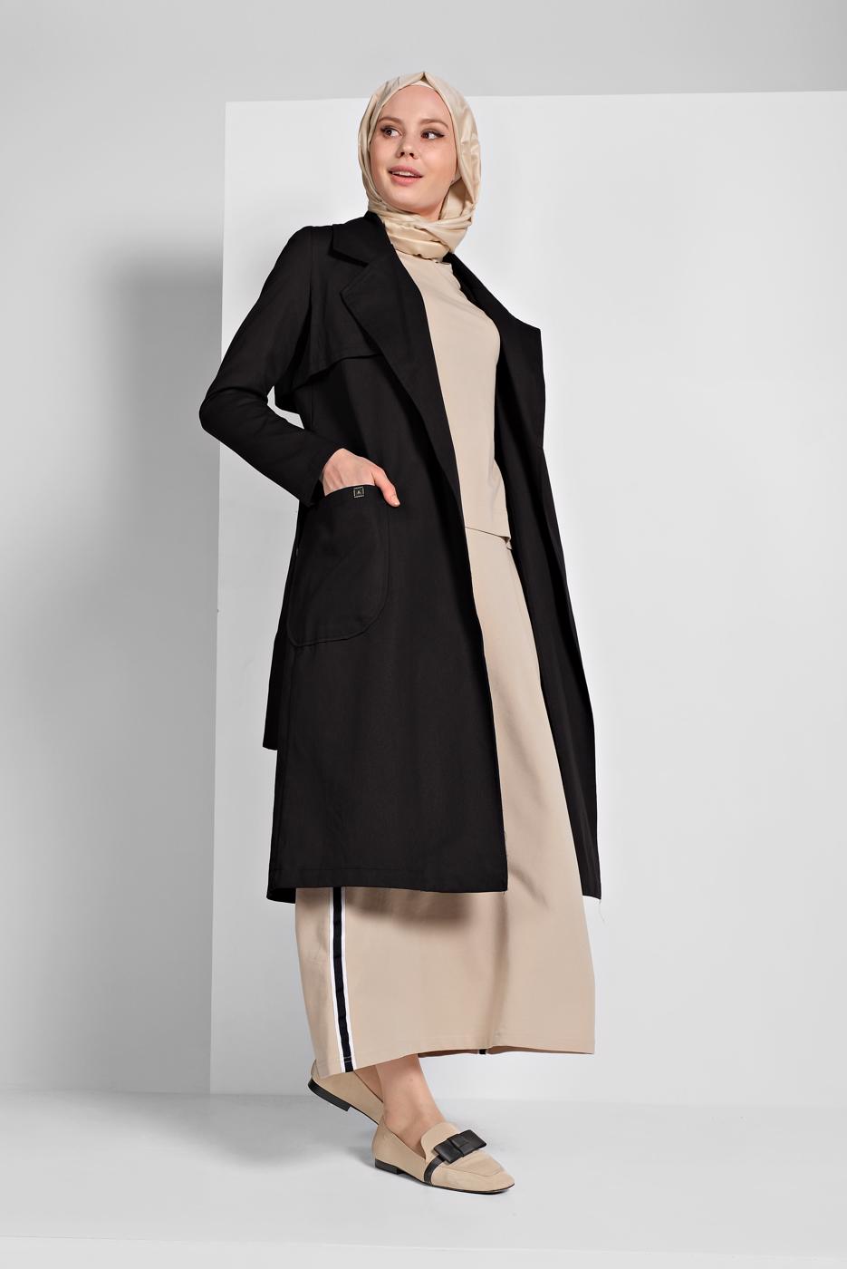 Vêtements hijab NOIR TRENCH-COAT À DEUX RANGÉES DE BOUTONS AVEC CEINTURE 26107