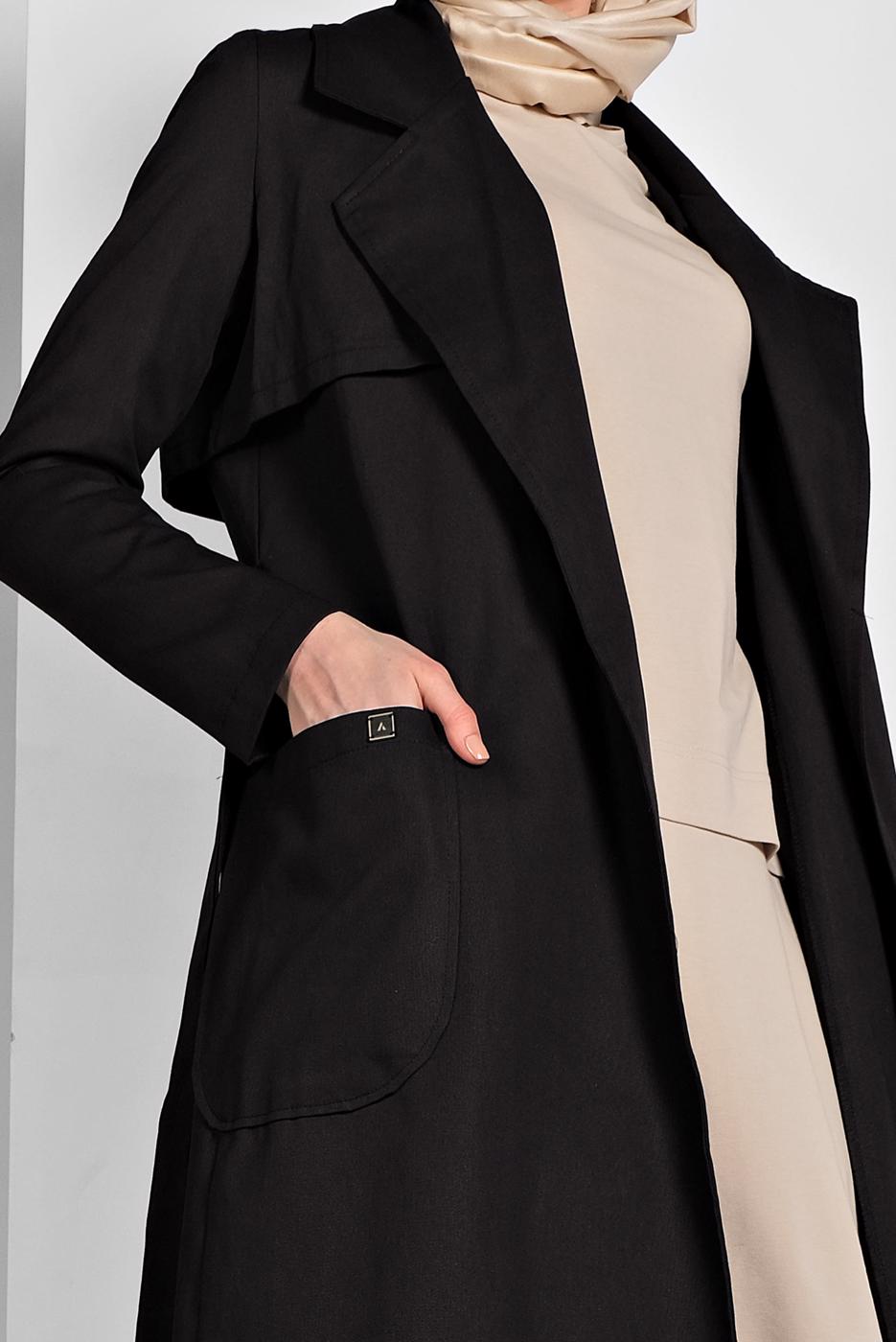 Vêtements hijab NOIR TRENCH-COAT À DEUX RANGÉES DE BOUTONS AVEC CEINTURE 26107