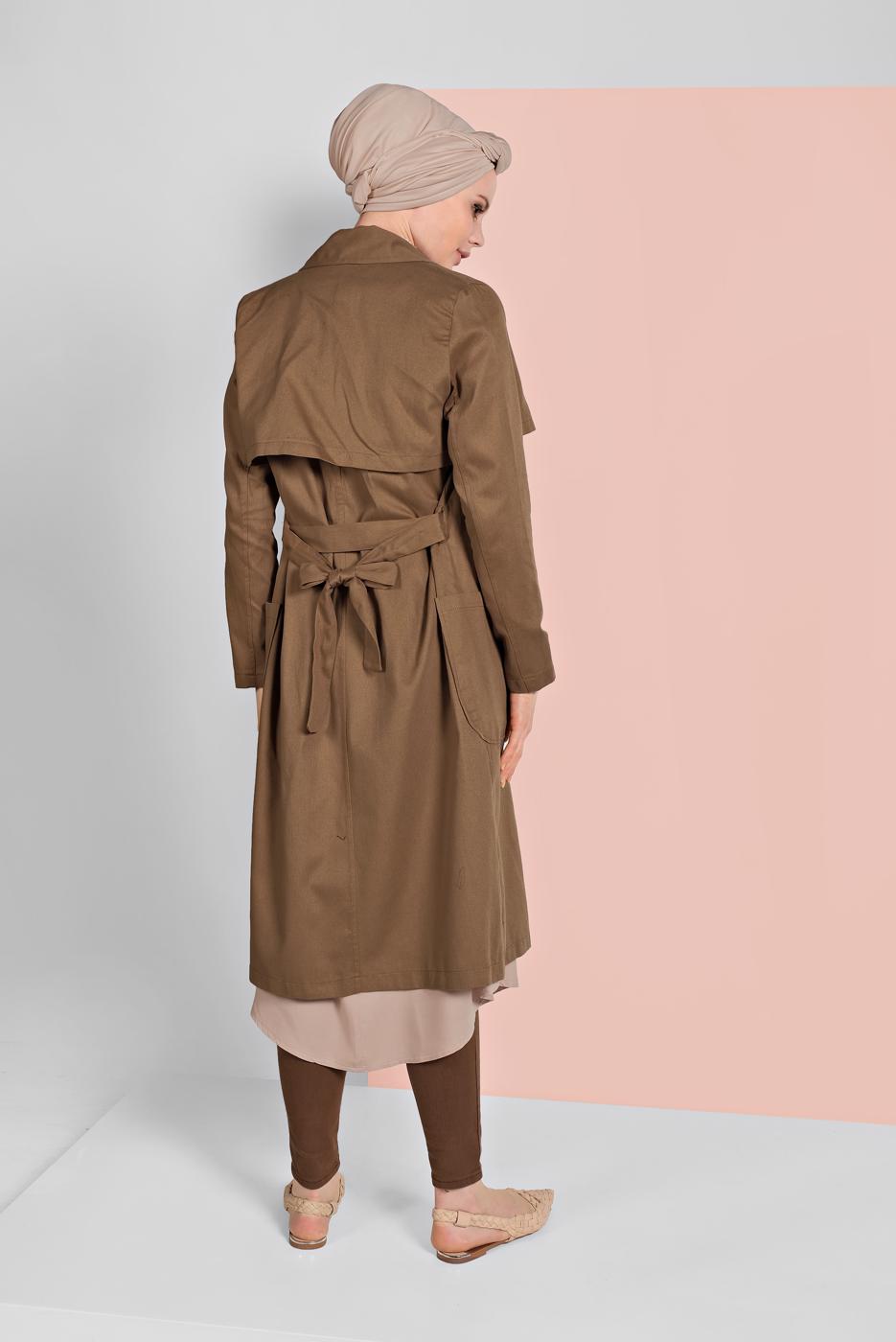 Tesettür giyim KAHVE KRUVAZE YAKA KUŞAKLI TRENÇKOT 26107