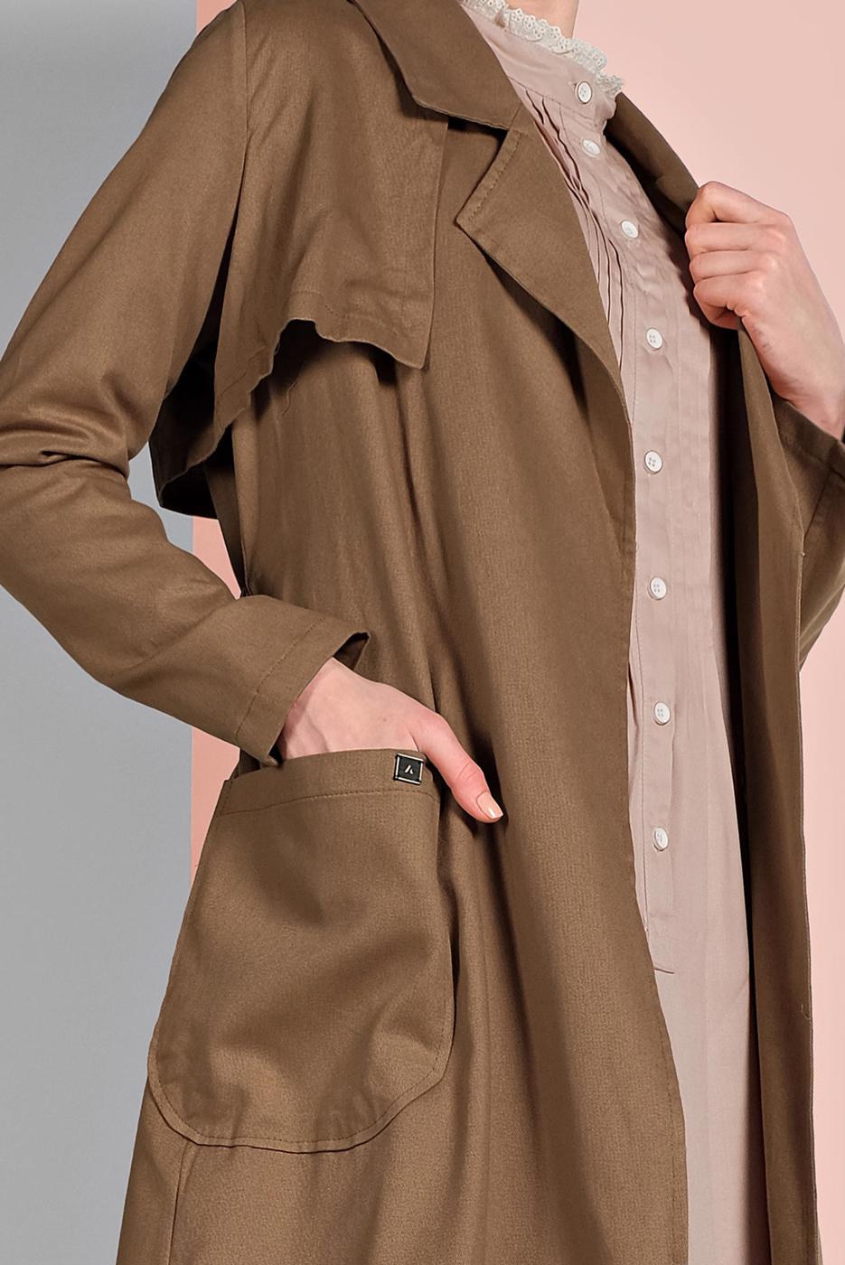 Tesettür giyim KAHVE KRUVAZE YAKA KUŞAKLI TRENÇKOT 26107