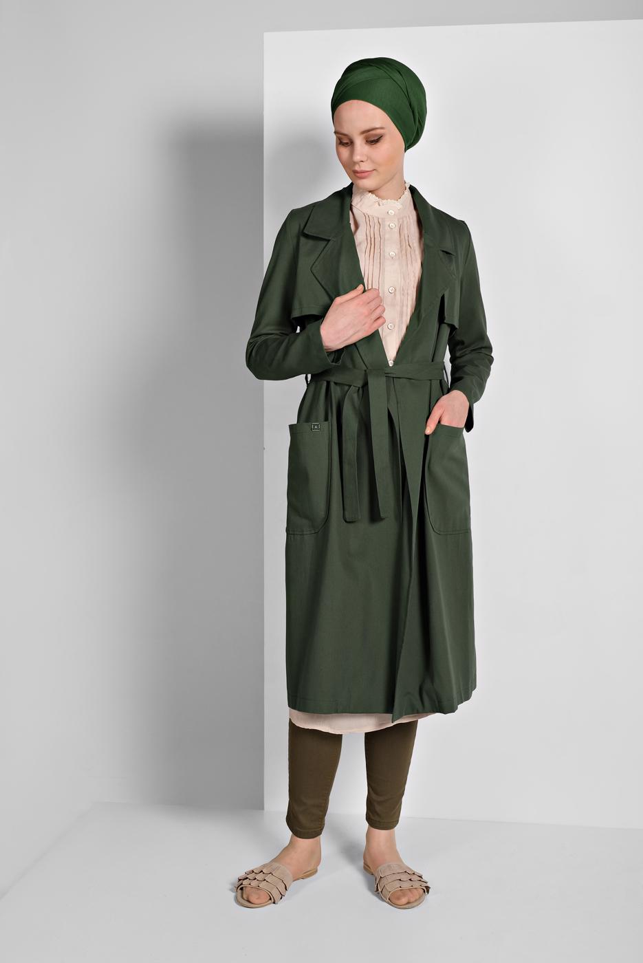 Tesettür giyim HAKİ KRUVAZE YAKA KUŞAKLI TRENÇKOT 26107