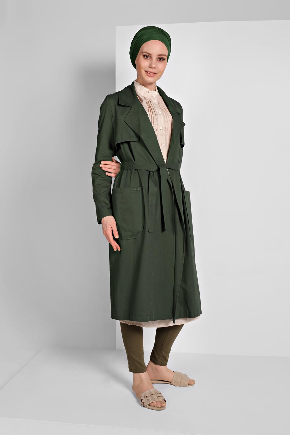 Tesettür giyim HAKİ KRUVAZE YAKA KUŞAKLI TRENÇKOT 26107