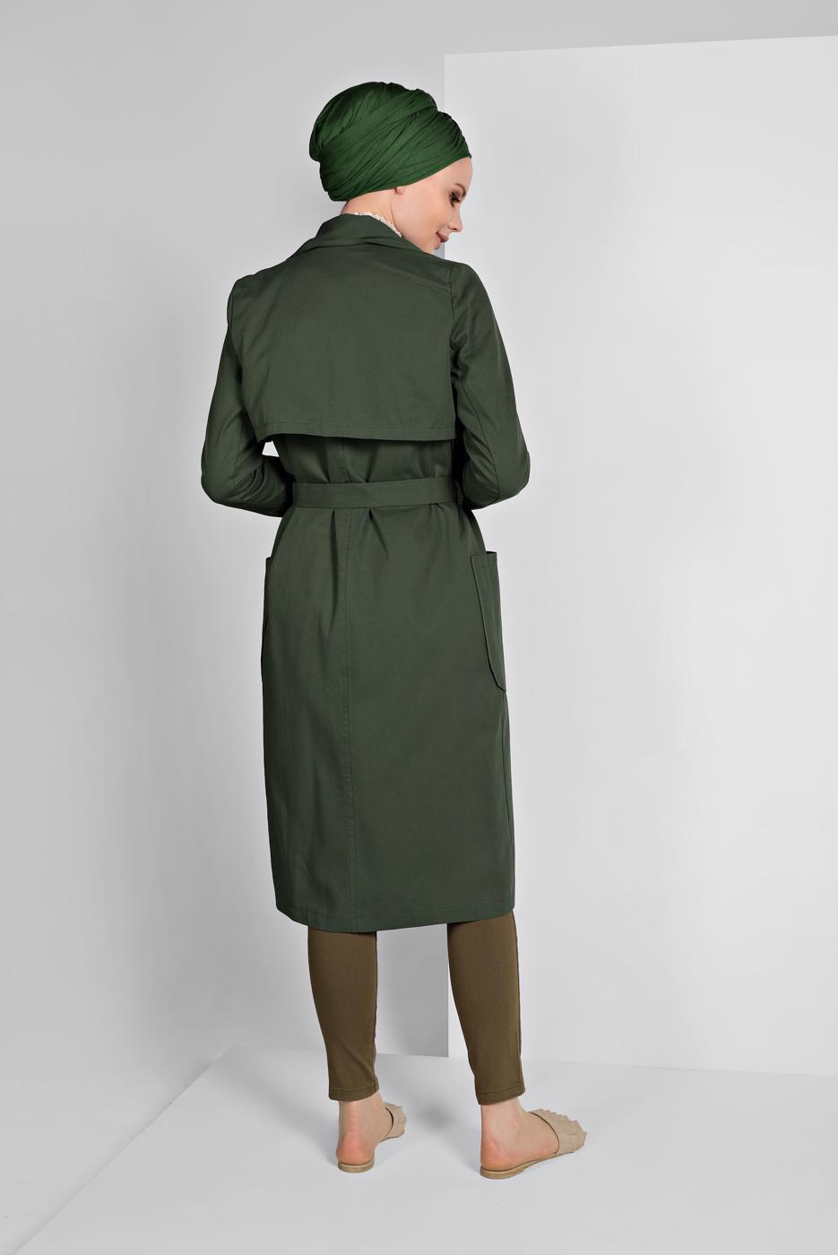 Tesettür giyim HAKİ KRUVAZE YAKA KUŞAKLI TRENÇKOT 26107