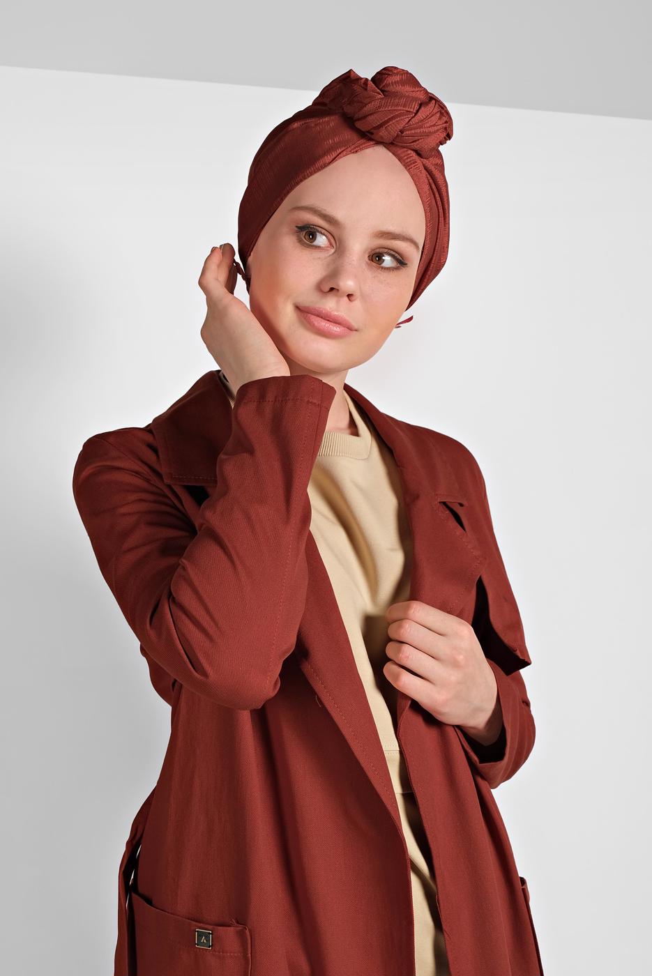 Tesettür giyim KAHVE KRUVAZE YAKA KUŞAKLI TRENÇKOT 26107