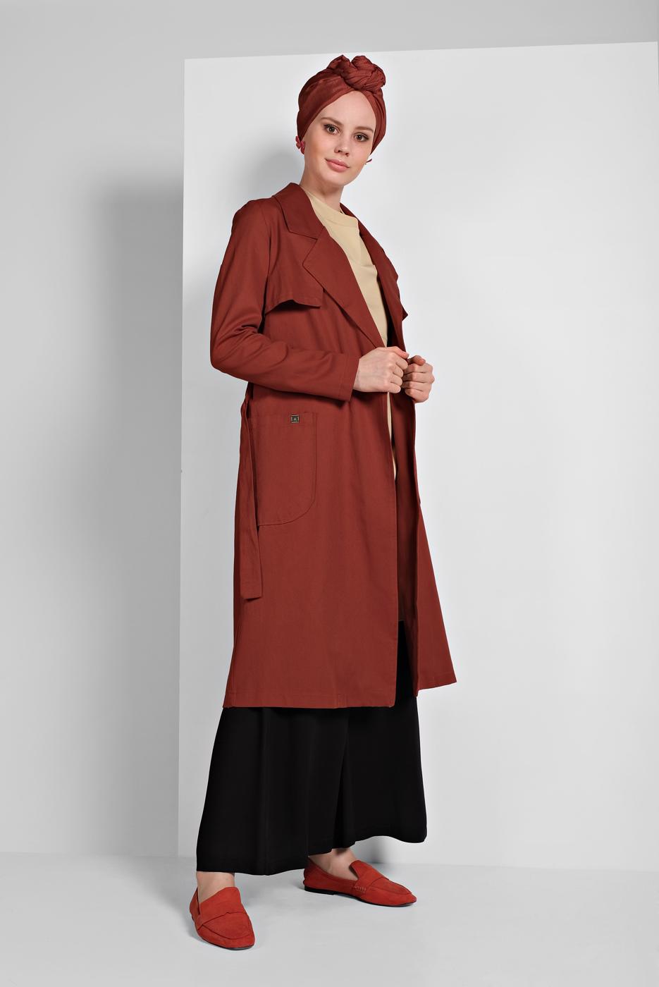 Tesettür giyim KAHVE KRUVAZE YAKA KUŞAKLI TRENÇKOT 26107