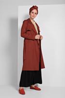 Tesettür giyim KAHVE KRUVAZE YAKA KUŞAKLI TRENÇKOT 26107