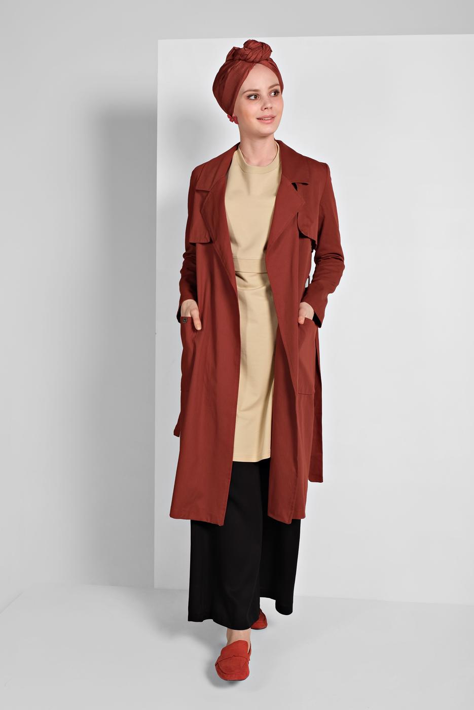 Tesettür giyim KAHVE KRUVAZE YAKA KUŞAKLI TRENÇKOT 26107