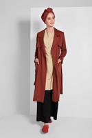 Tesettür giyim KAHVE KRUVAZE YAKA KUŞAKLI TRENÇKOT 26107