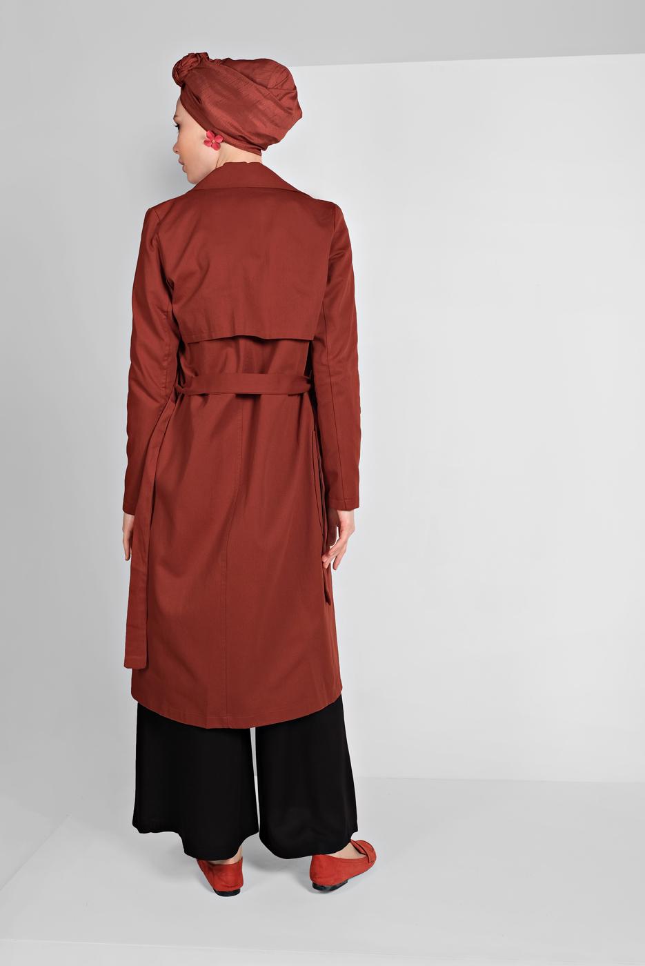 Tesettür giyim KAHVE KRUVAZE YAKA KUŞAKLI TRENÇKOT 26107