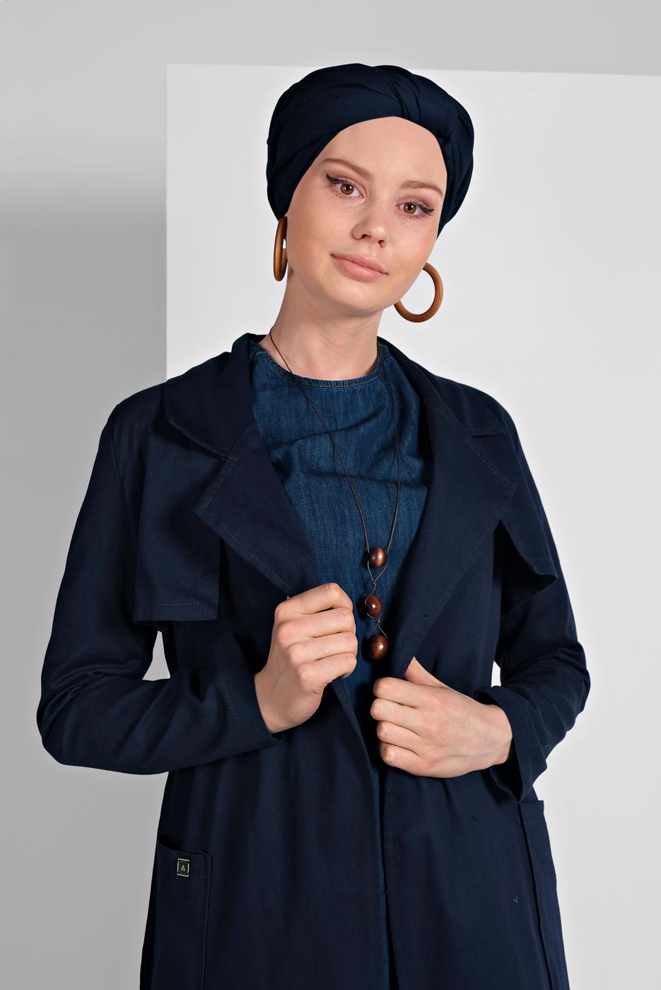 Tesettür giyim LACİVERT KRUVAZE YAKA KUŞAKLI TRENÇKOT 26107