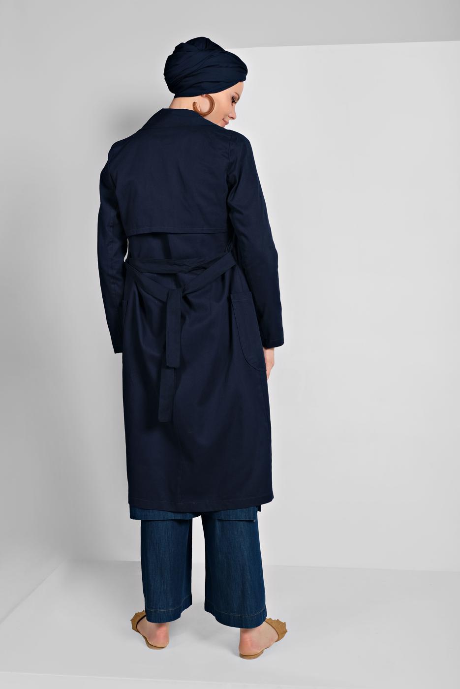 Tesettür giyim LACİVERT KRUVAZE YAKA KUŞAKLI TRENÇKOT 26107