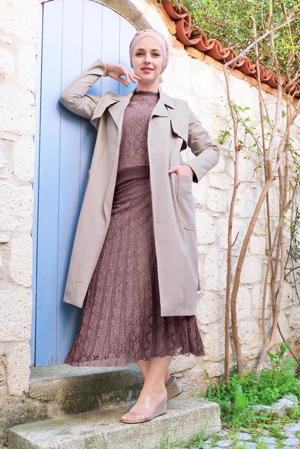 Vêtements hijab  TRENCH-COAT À DEUX RANGÉES DE BOUTONS AVEC CEINTURE 26107 - TRENDTESETTÜR