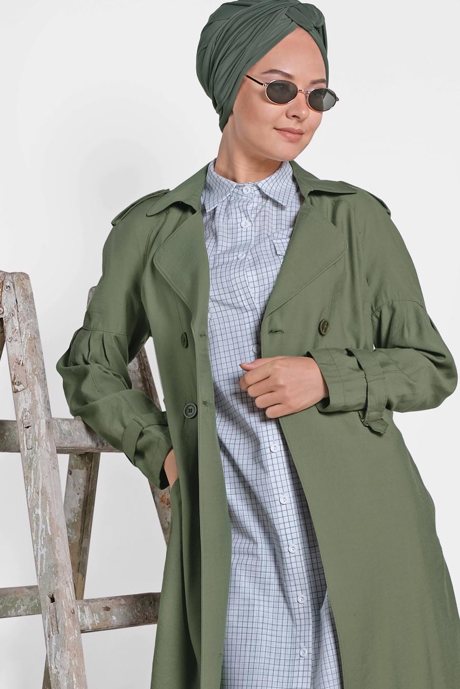 Tesettür giyim HAKİ T 1429 ALVİNA 10360 TRENÇKOT