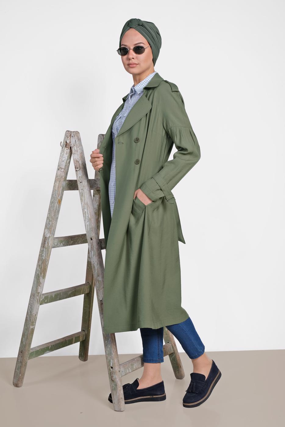 Tesettür giyim HAKİ T 1429 ALVİNA 10360 TRENÇKOT