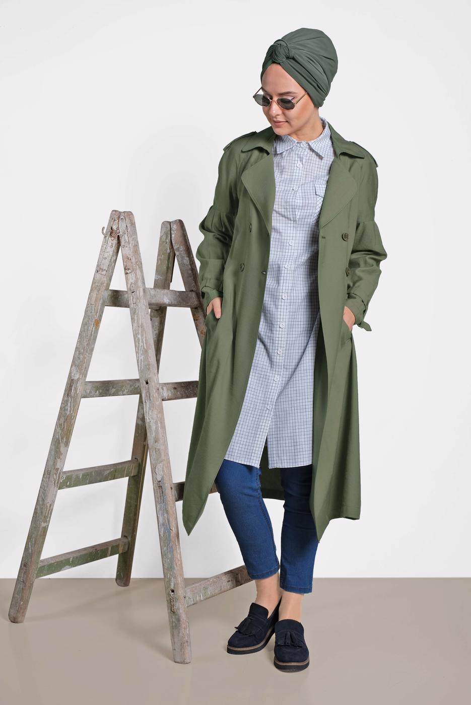 Tesettür giyim HAKİ T 1429 ALVİNA 10360 TRENÇKOT