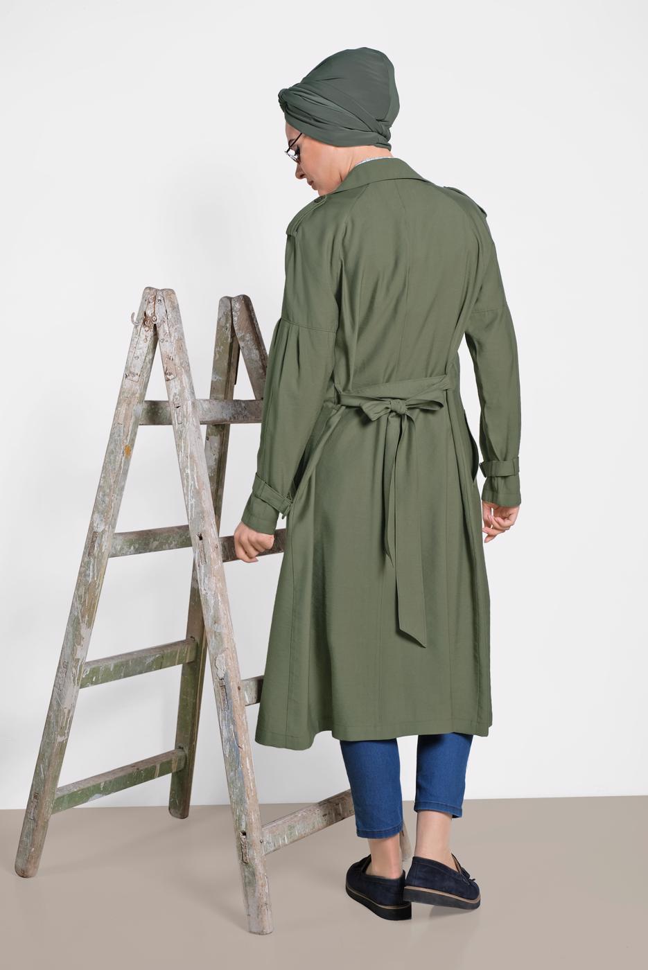 Tesettür giyim HAKİ T 1429 ALVİNA 10360 TRENÇKOT