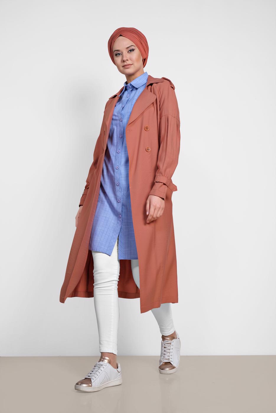 Tesettür giyim KAHVE ALVİNA KUŞAKLI KLASİK KESİM TRENÇKOT 1429