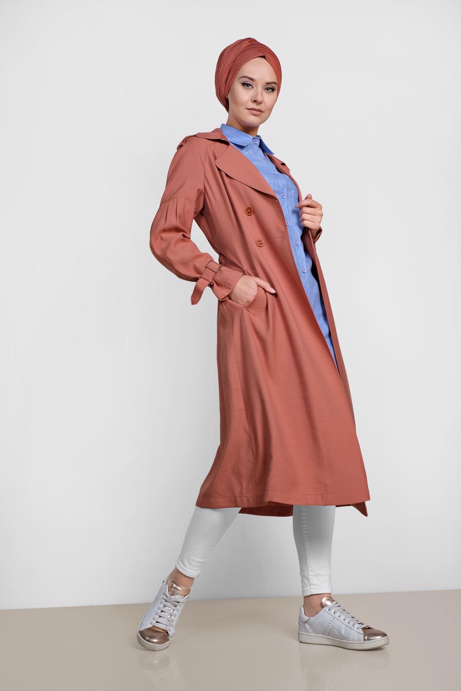 Tesettür giyim KAHVE ALVİNA KUŞAKLI KLASİK KESİM TRENÇKOT 1429