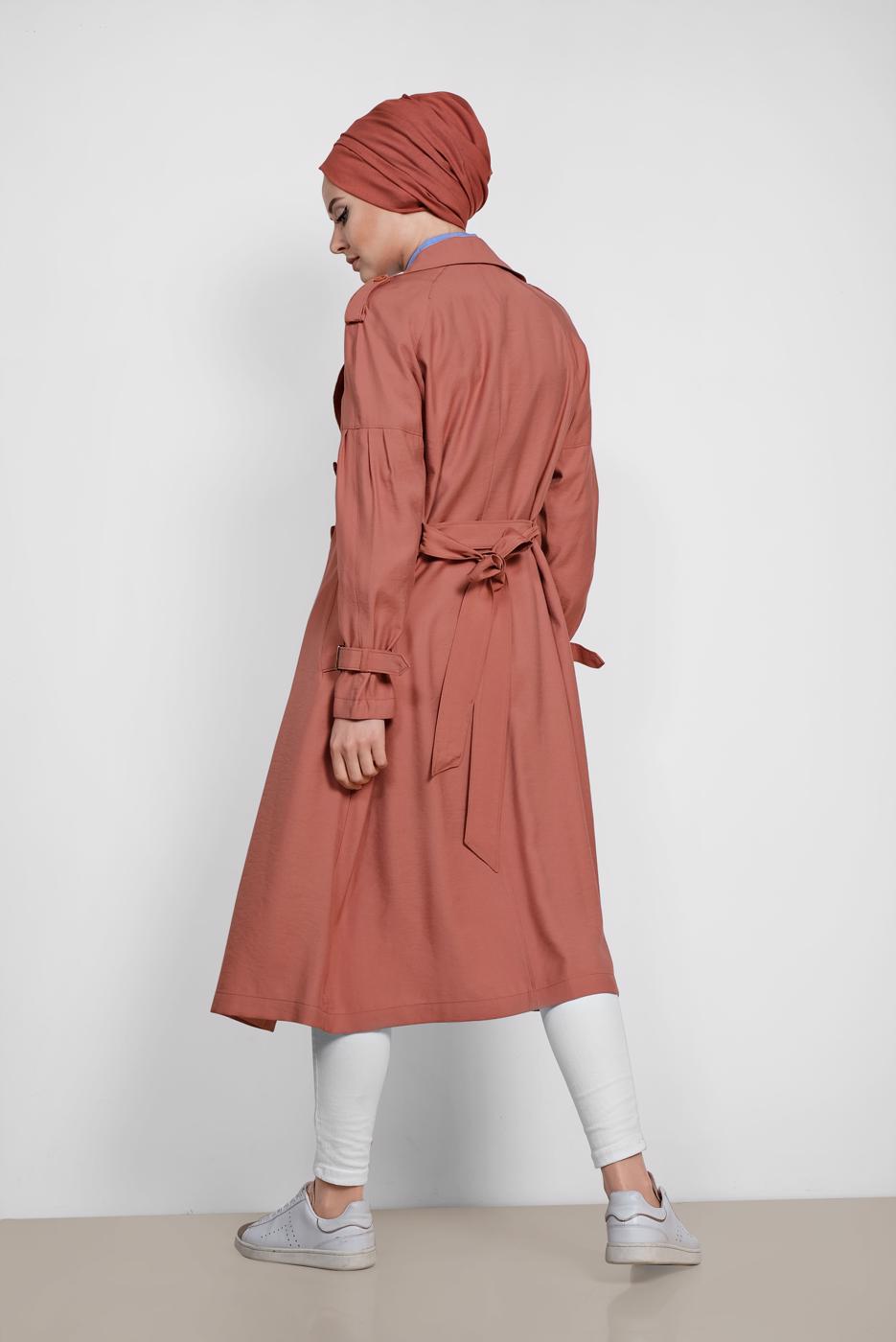 Tesettür giyim KAHVE ALVİNA KUŞAKLI KLASİK KESİM TRENÇKOT 1429