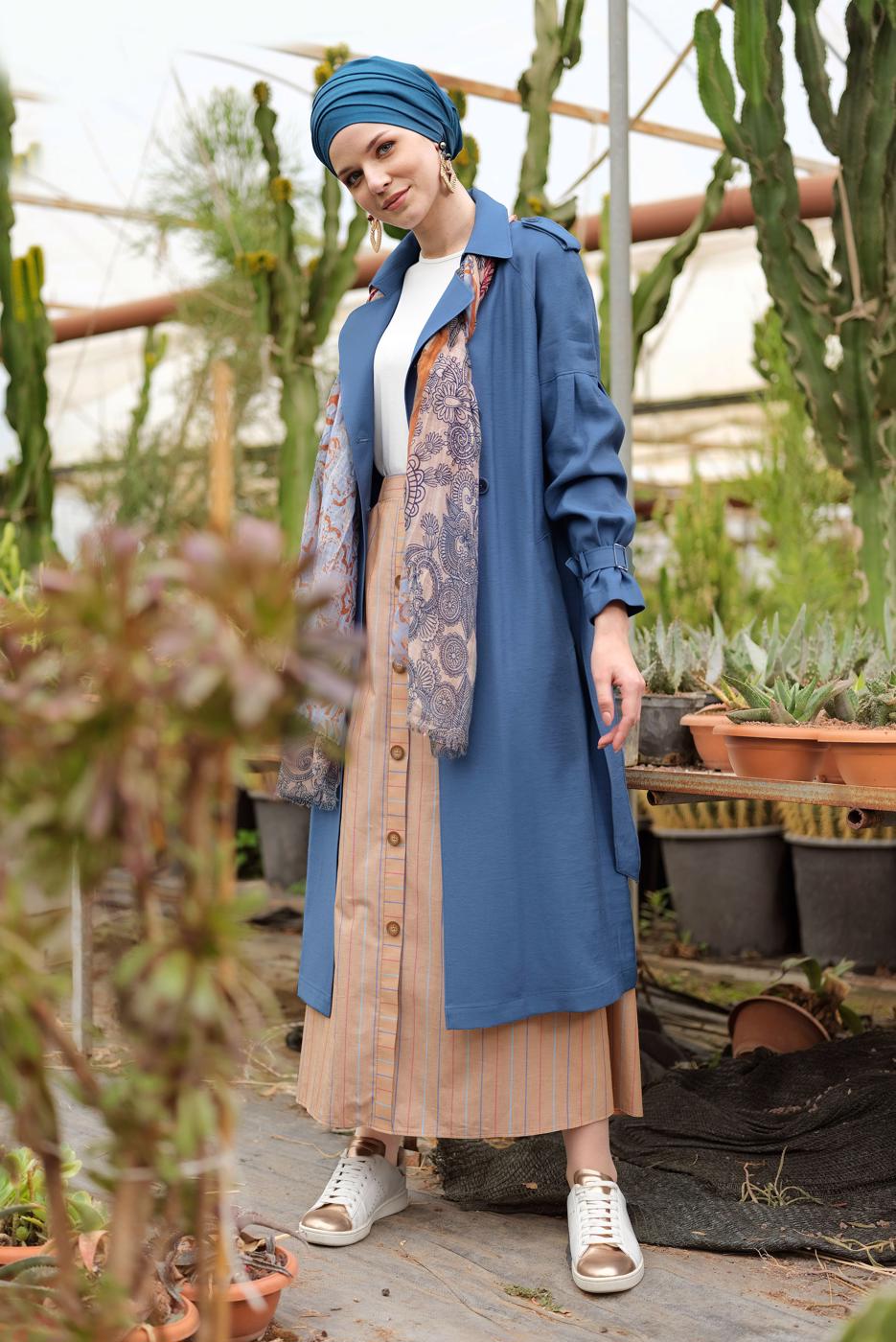 Tesettür giyim LACİVERT ALVİNA KUŞAKLI KLASİK KESİM TRENÇKOT 1429