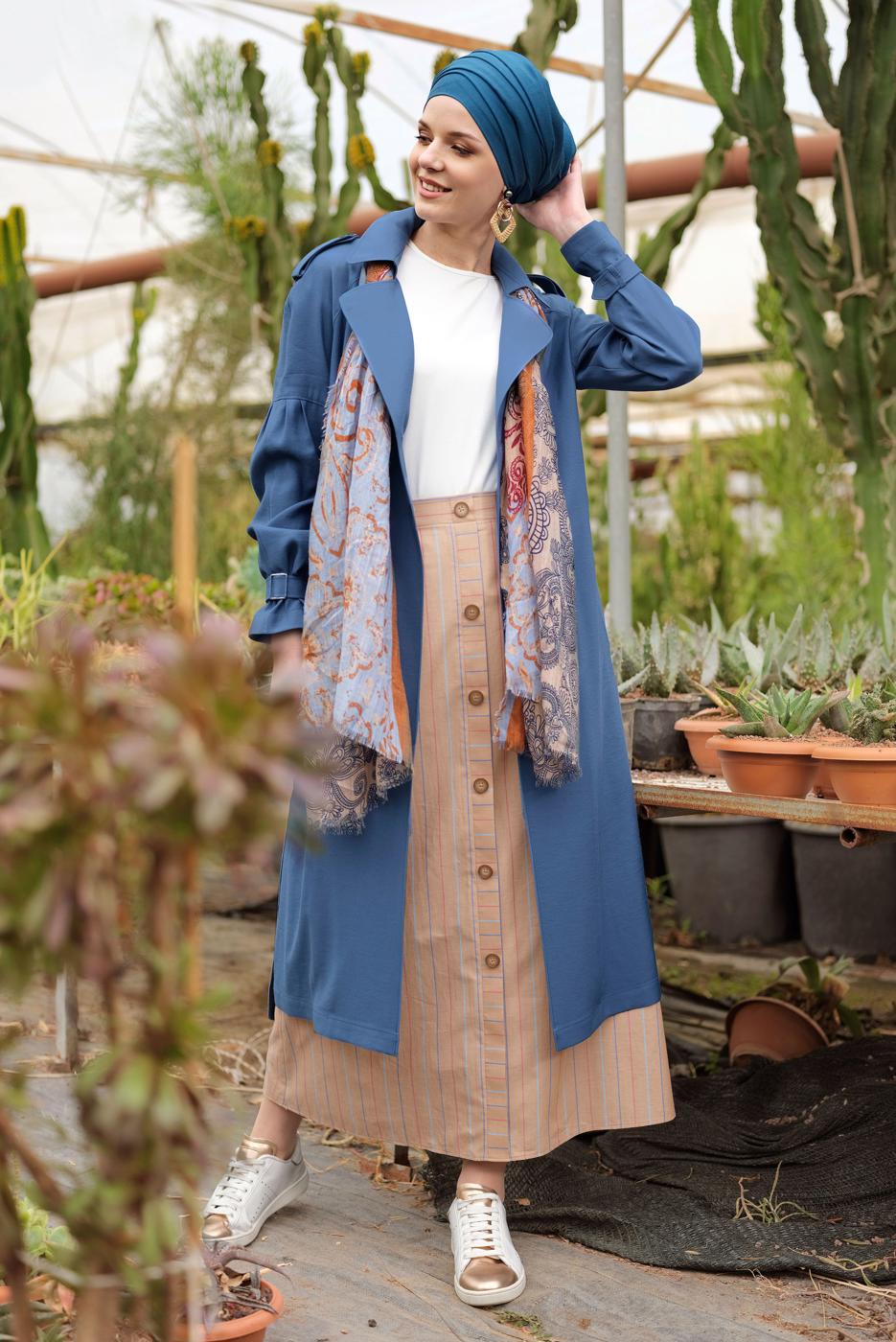 Tesettür giyim LACİVERT ALVİNA KUŞAKLI KLASİK KESİM TRENÇKOT 1429