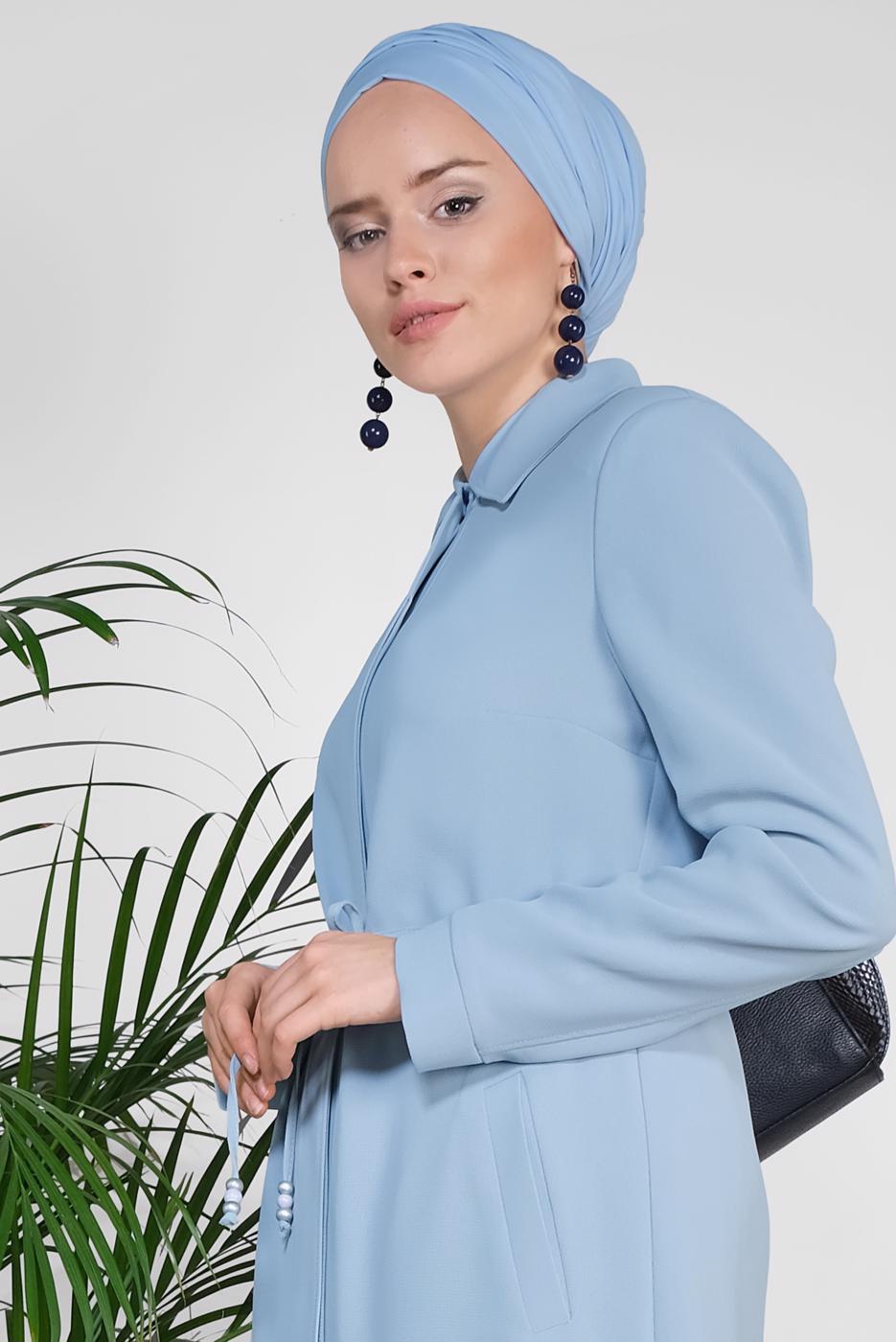 Tesettür giyim MAVİ ALVİNA BEL BÜZGÜLÜ TRENÇKOT 1450