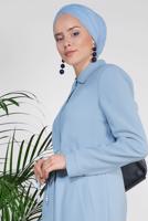 Tesettür giyim MAVİ ALVİNA BEL BÜZGÜLÜ TRENÇKOT 1450
