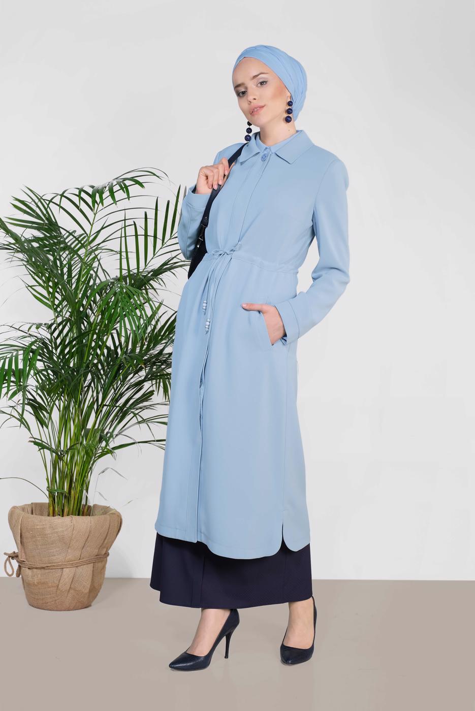 Tesettür giyim MAVİ ALVİNA BEL BÜZGÜLÜ TRENÇKOT 1450