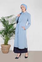 Tesettür giyim MAVİ ALVİNA BEL BÜZGÜLÜ TRENÇKOT 1450