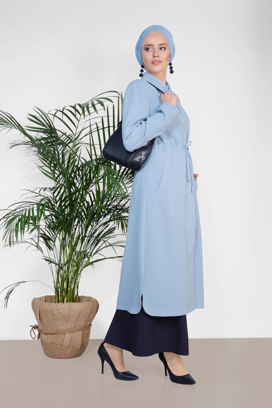 Tesettür giyim MAVİ ALVİNA BEL BÜZGÜLÜ TRENÇKOT 1450