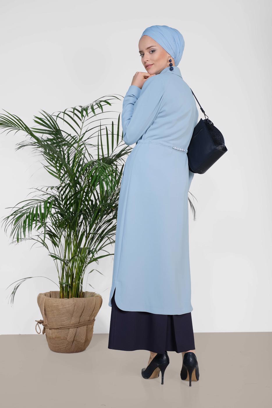 Tesettür giyim MAVİ ALVİNA BEL BÜZGÜLÜ TRENÇKOT 1450