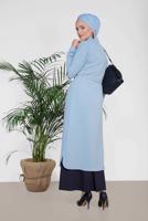 Tesettür giyim MAVİ ALVİNA BEL BÜZGÜLÜ TRENÇKOT 1450