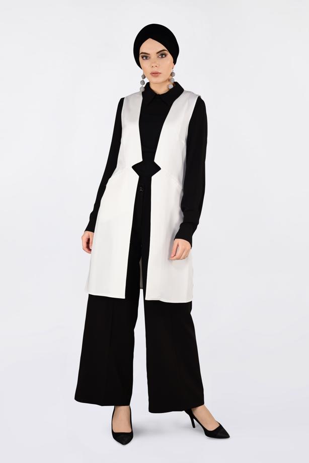 Tesettür giyim KREM ALVİNA ÖNÜ DETAYLI YELEK 4330 - TRENDTESETTÜR