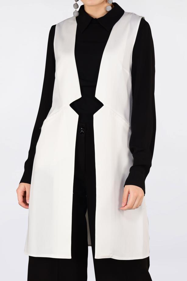 Tesettür giyim KREM ALVİNA ÖNÜ DETAYLI YELEK 4330 - TRENDTESETTÜR