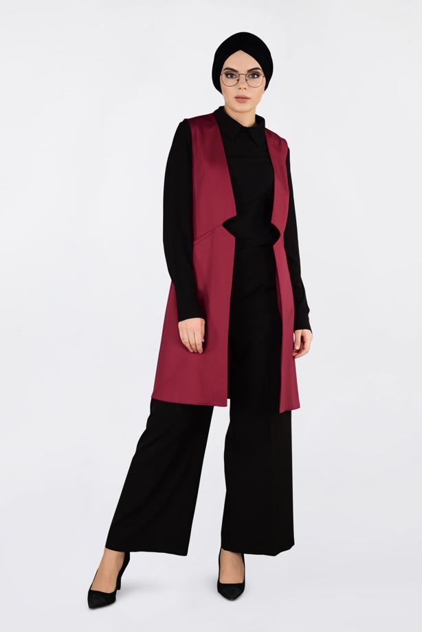 Tesettür giyim KIRMIZI ALVİNA ÖNÜ DETAYLI YELEK 4330 - TRENDTESETTÜR