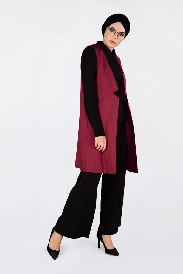 Tesettür giyim KIRMIZI ALVİNA ÖNÜ DETAYLI YELEK 4330 - TRENDTESETTÜR