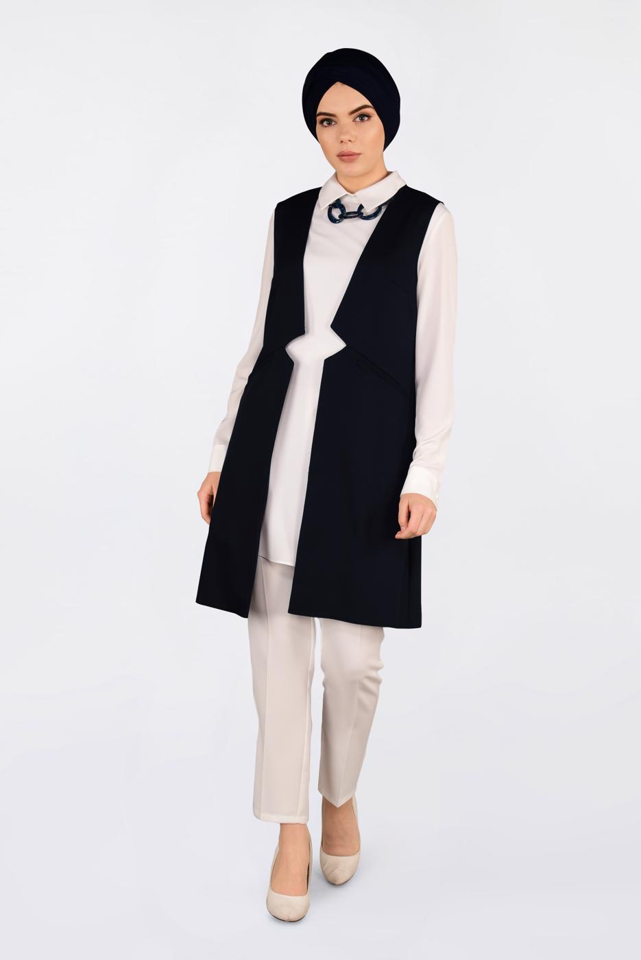 Tesettür giyim LACİVERT ALVİNA ÖNÜ DETAYLI YELEK 4330