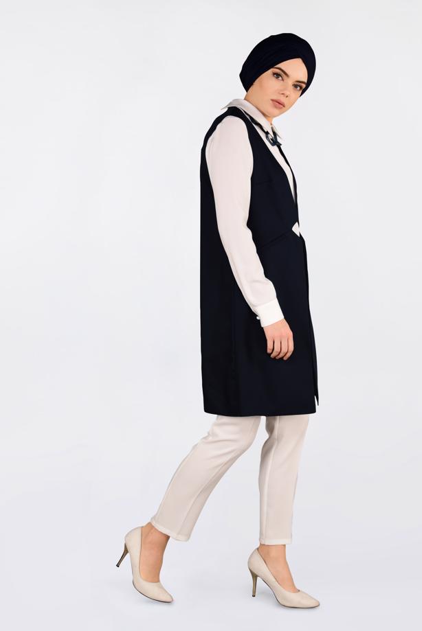 Tesettür giyim LACİVERT ALVİNA ÖNÜ DETAYLI YELEK 4330 - TRENDTESETTÜR