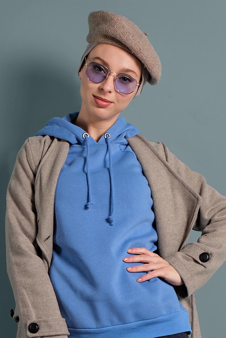Tesettür giyim MAVİ PAMUKLU KAPÜŞONLU SWEAT 0182