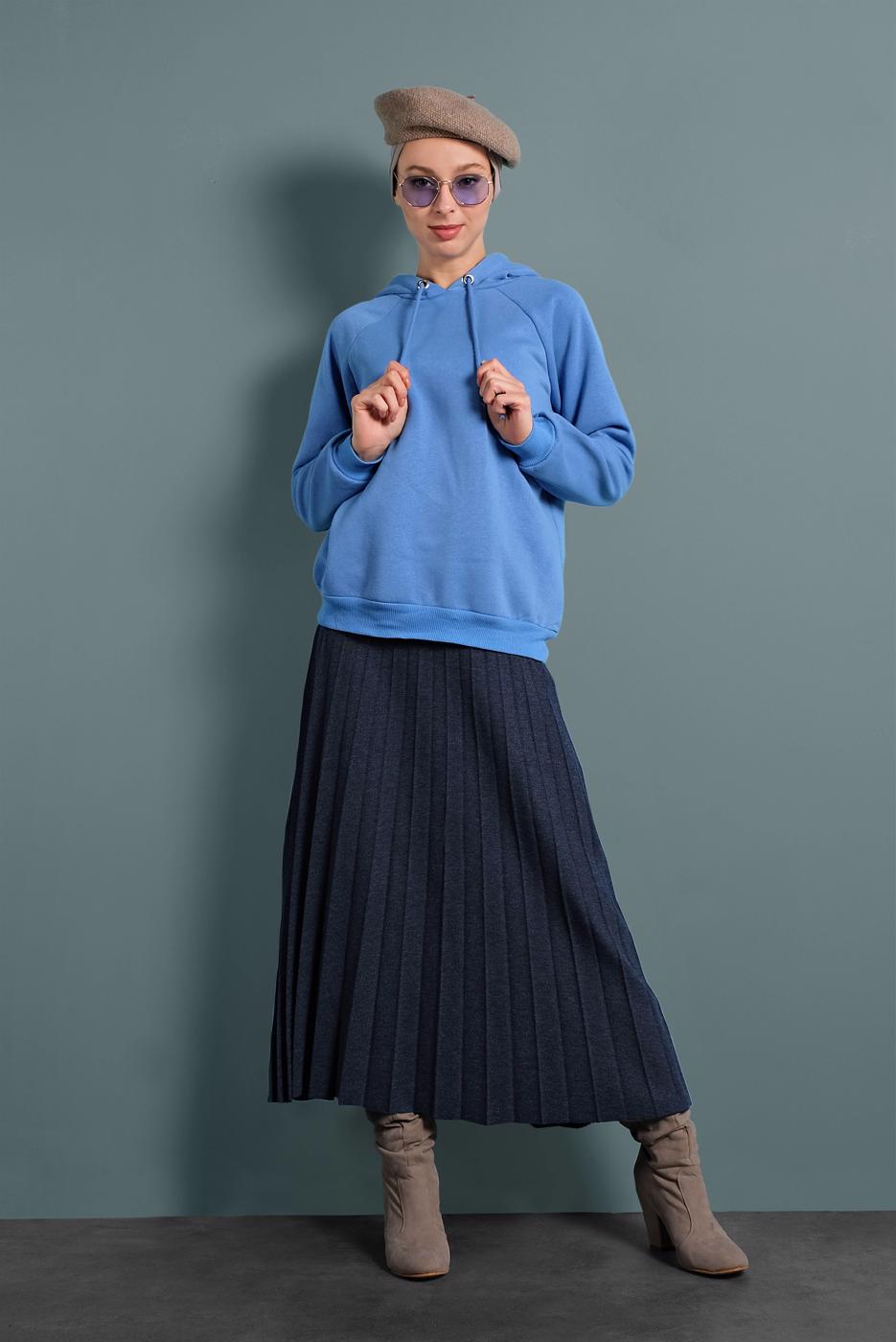 Tesettür giyim MAVİ PAMUKLU KAPÜŞONLU SWEAT 0182