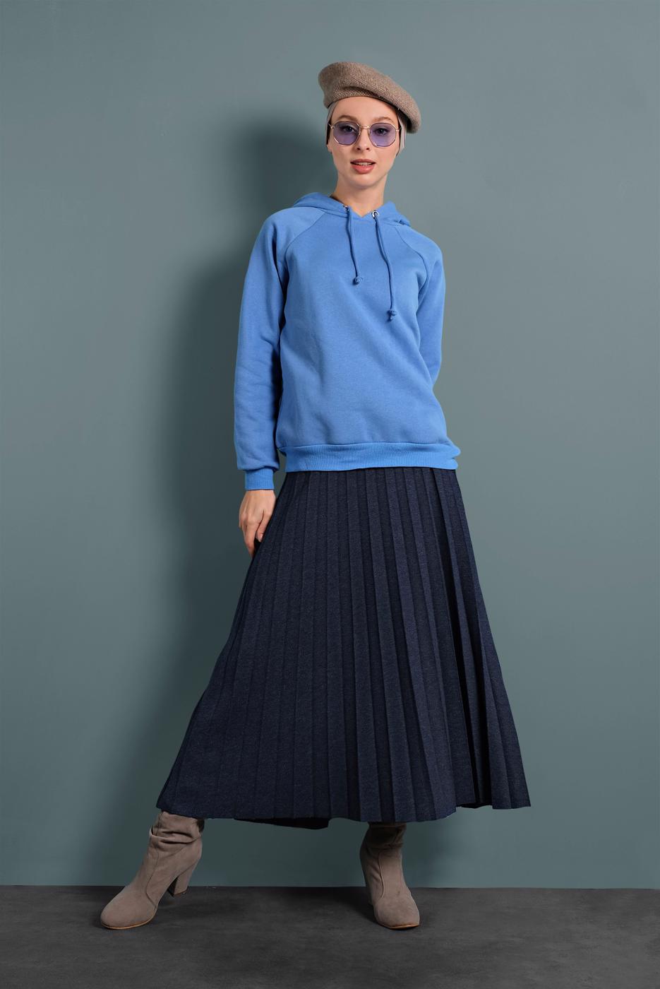 Tesettür giyim MAVİ PAMUKLU KAPÜŞONLU SWEAT 0182