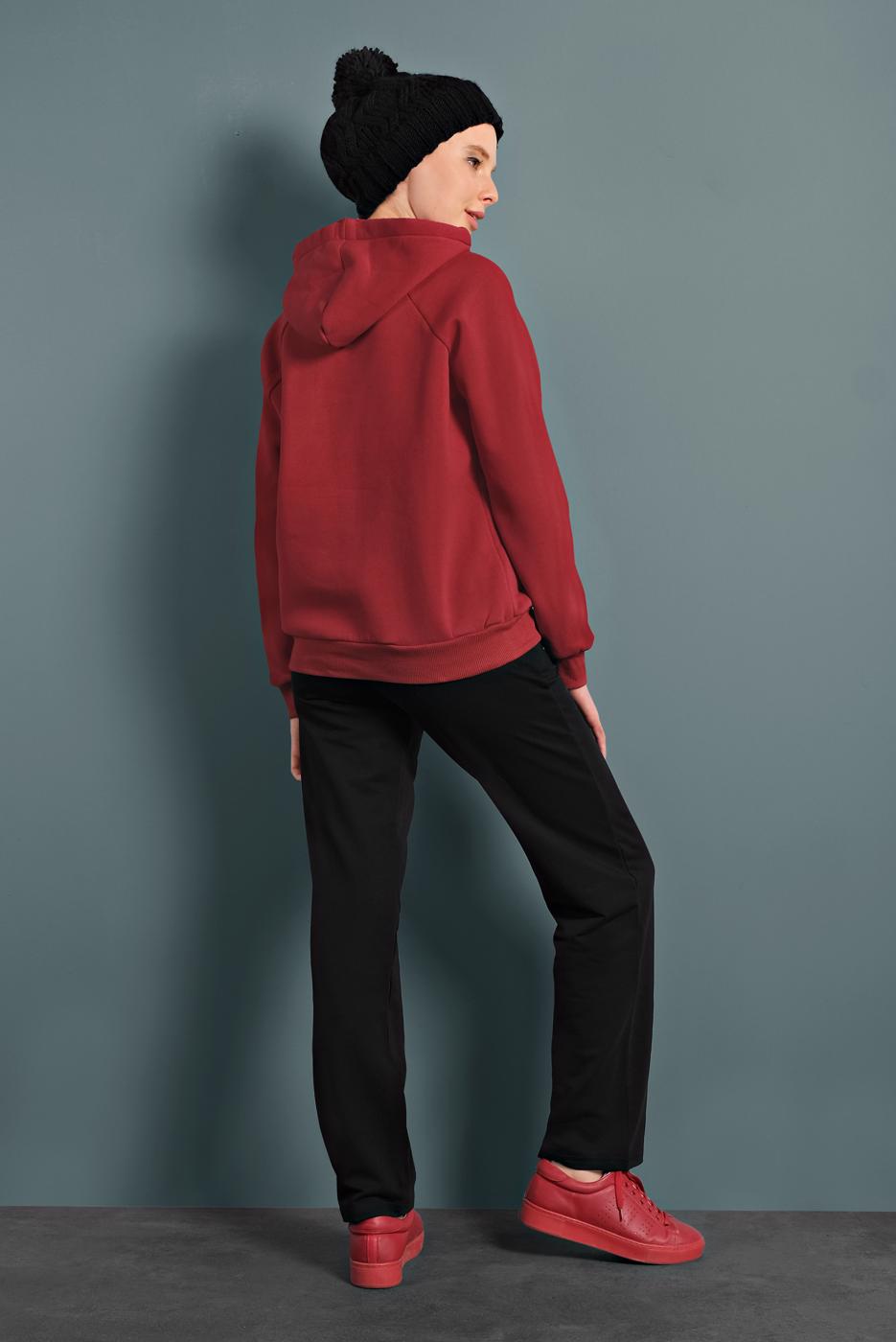 Tesettür giyim KIRMIZI PAMUKLU KAPÜŞONLU SWEAT 0182
