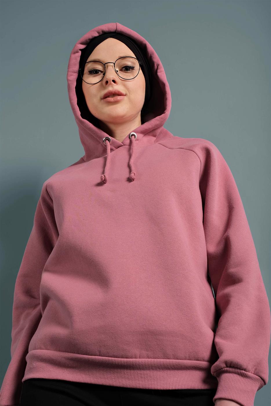 Tesettür giyim PEMBE PAMUKLU KAPÜŞONLU SWEAT 0182
