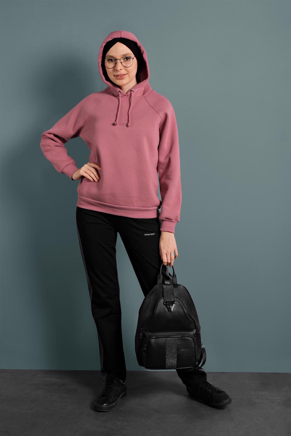 Tesettür giyim PEMBE PAMUKLU KAPÜŞONLU SWEAT 0182