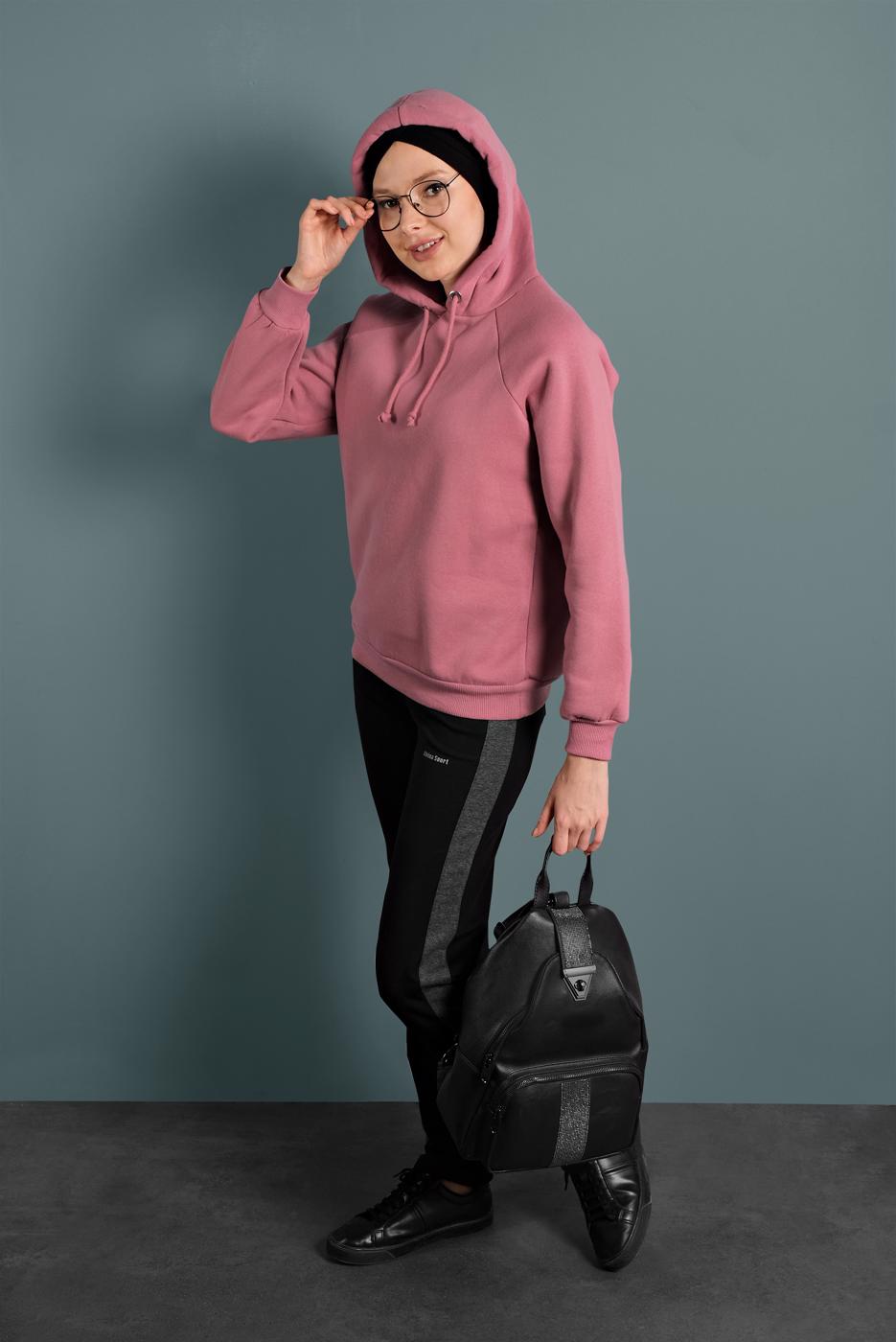 Tesettür giyim PEMBE PAMUKLU KAPÜŞONLU SWEAT 0182