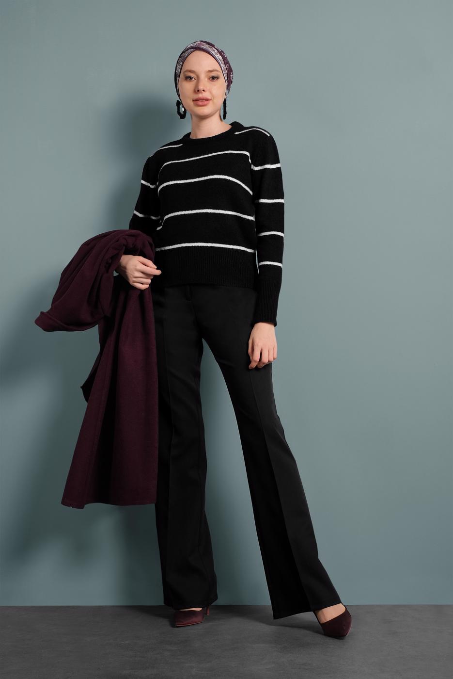 Tesettür giyim SİYAH ÇİZGİ DESENLİ KAZAK 1416