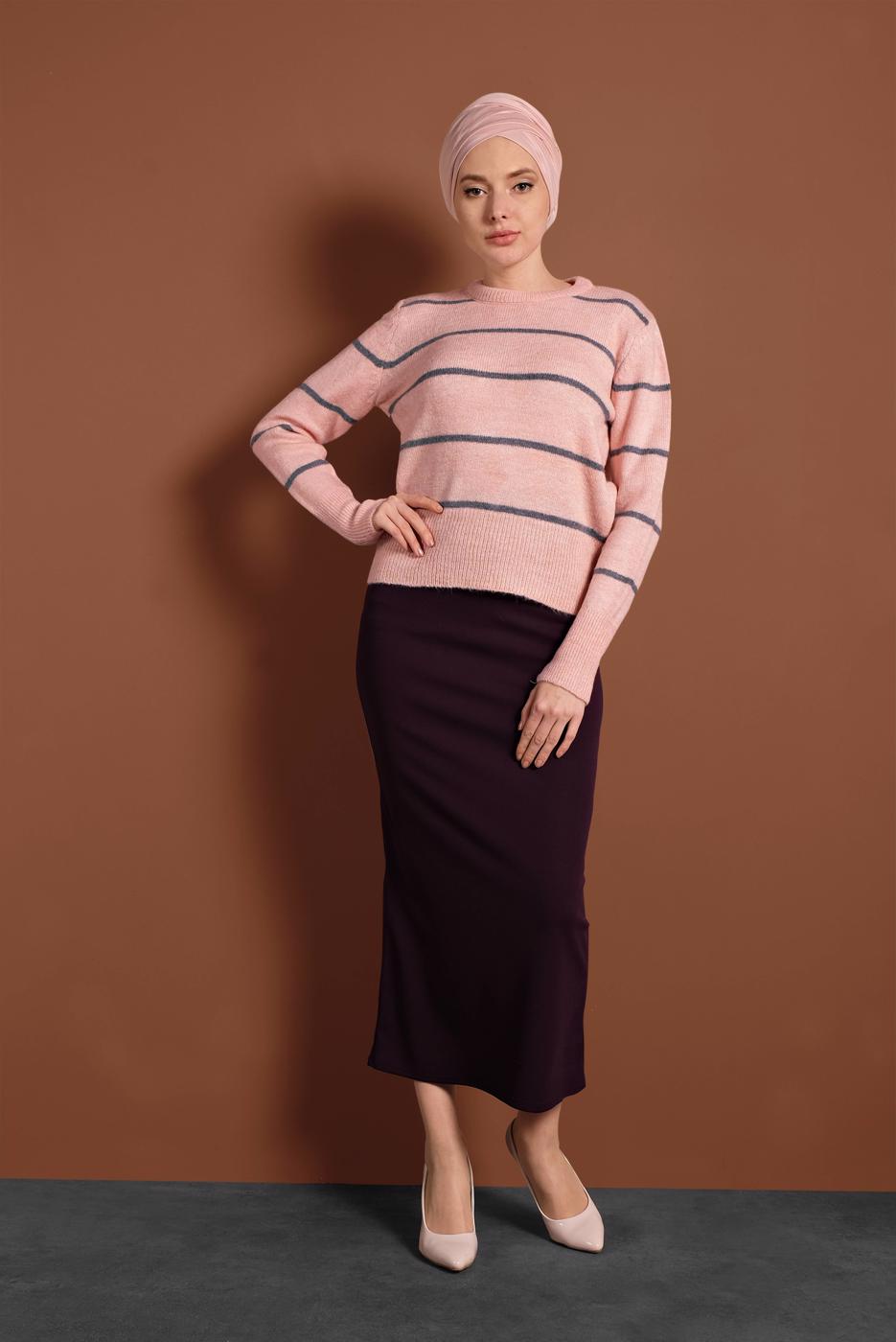 Tesettür giyim PUDRA ÇİZGİ DESENLİ KAZAK 1416