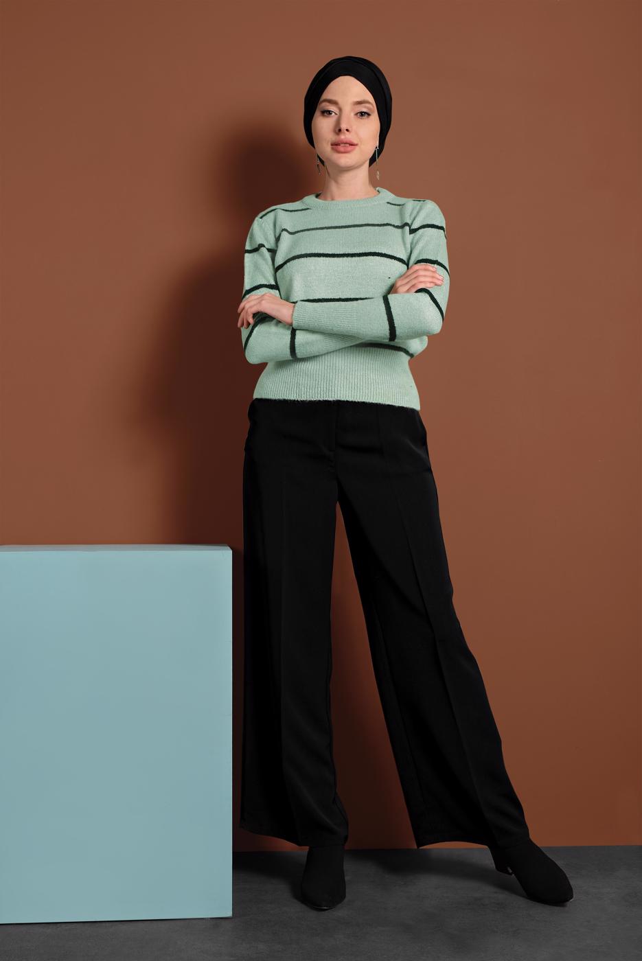 Tesettür giyim YEŞİL ÇİZGİ DESENLİ KAZAK 1416