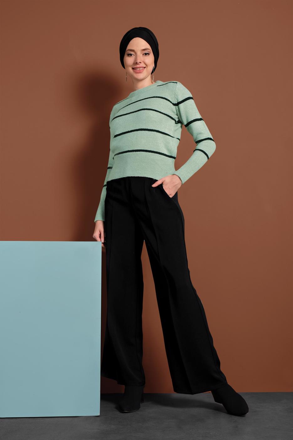 Tesettür giyim YEŞİL ÇİZGİ DESENLİ KAZAK 1416